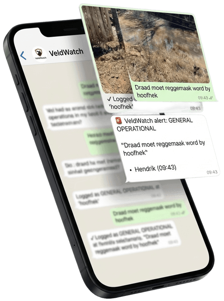 WhatsApp thread showing a staff member's message being logged and an alert reaching the owner